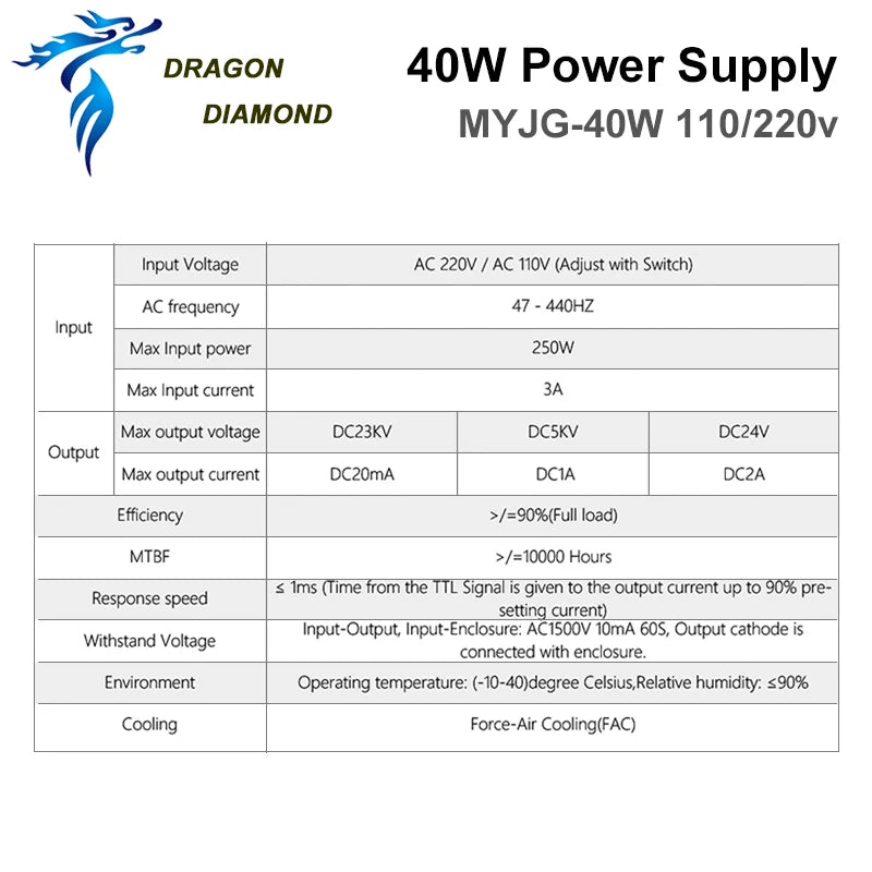 DRAGON DIAMOND K40 Series MYJG 40w CO2 Laser Power Supply 110V/220V For Laser Tube Engraving Cutting Machine