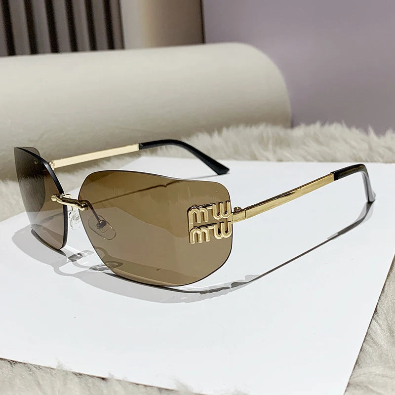 Miu Miu 54YS Rimless Shield Sunglasses Gold Metal Frame Dark Grey CAT.3 UV400 Luxury Fashion Shades for Men Women Made In Italy