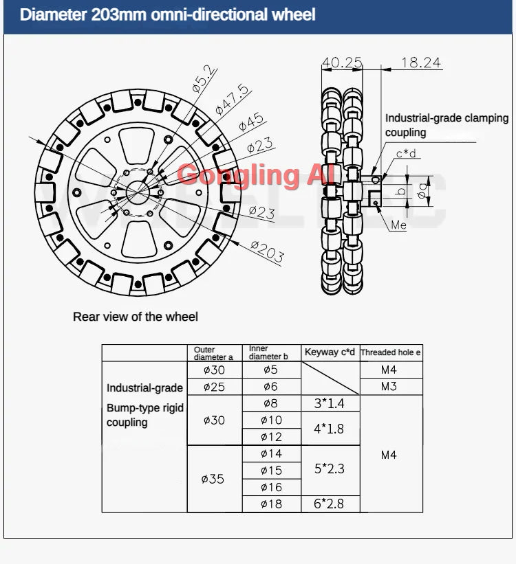 40Kg Load Omnidirectional Wheel Aluminum Alloy Fulai Tires 127 152 203mm Omni Wheel Robot Ros Platform Omnidirectional Motion