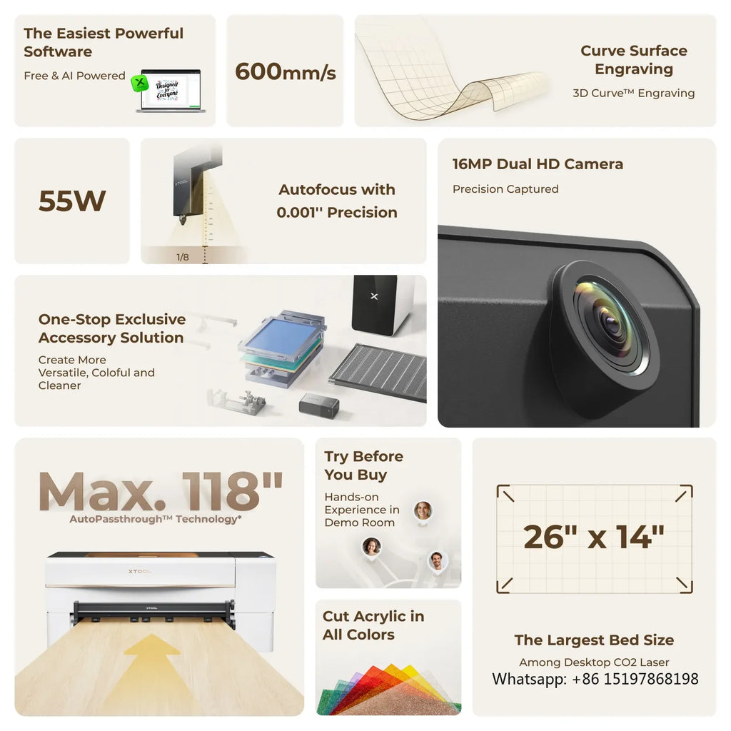 Xtool P2S 55W CO2 Laser Cutter All-In-1 Desktop Engraver Machine for Metal Leather Glass Acrylic Paper-New Condition