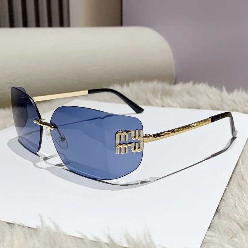 Miu Miu 54YS Rimless Shield Sunglasses Gold Metal Frame Dark Grey CAT.3 UV400 Luxury Fashion Shades for Men Women Made In Italy