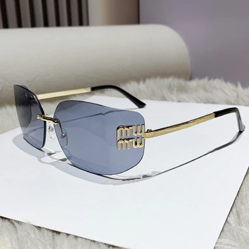 Miu Miu 54YS Rimless Shield Sunglasses Gold Metal Frame Dark Grey CAT.3 UV400 Luxury Fashion Shades for Men Women Made In Italy