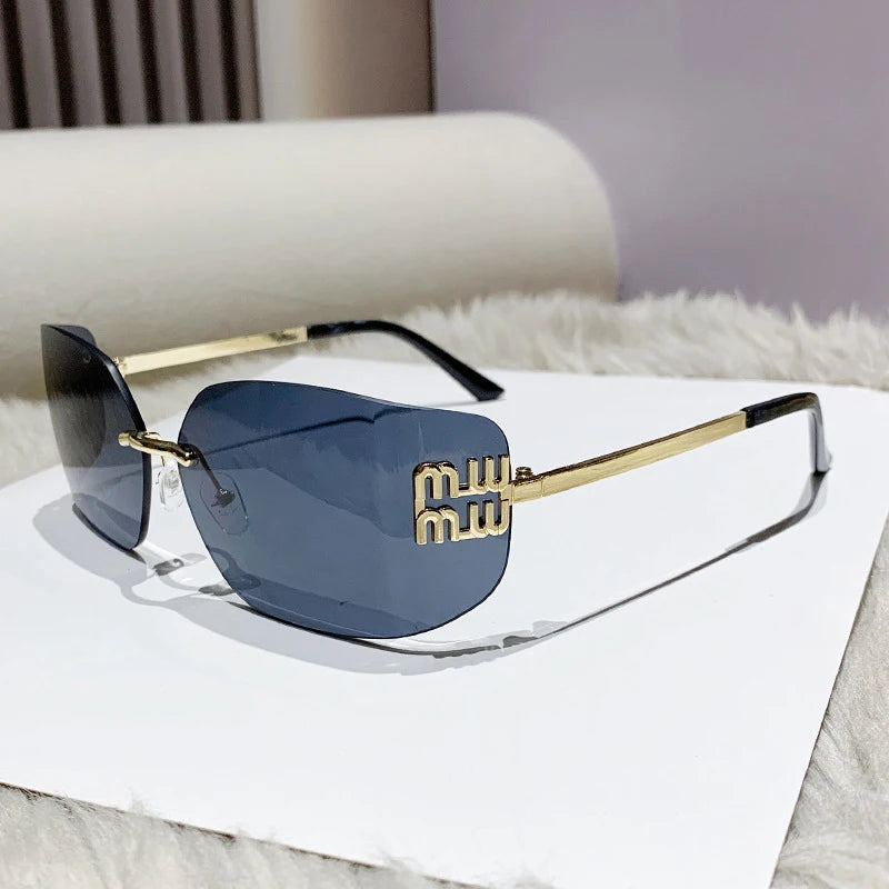 Miu Miu 54YS Rimless Shield Sunglasses Gold Metal Frame Dark Grey CAT.3 UV400 Luxury Fashion Shades for Men Women Made In Italy
