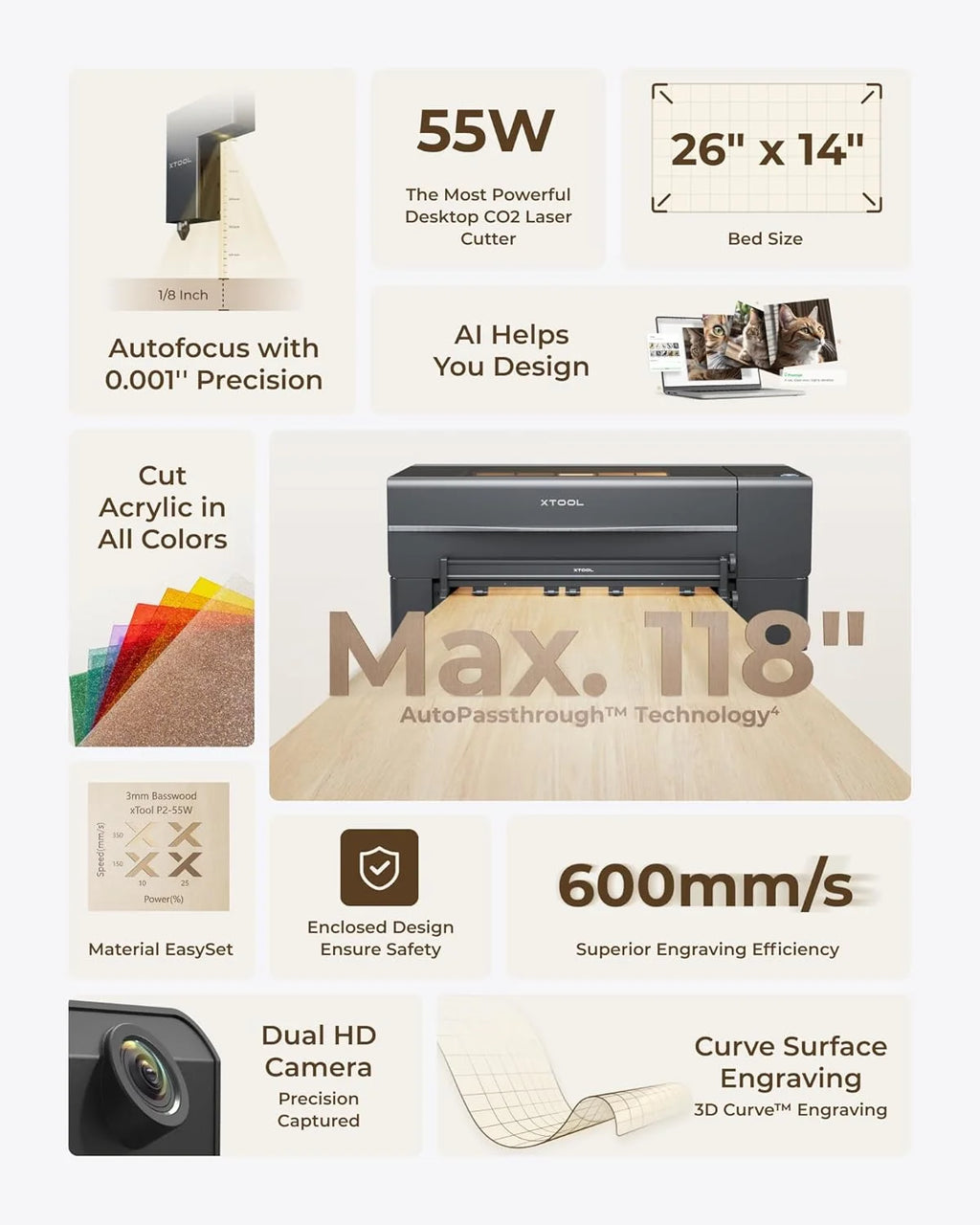 Xtool P2S 55W CO2 Laser Cutter All-In-1 Desktop Engraver Machine for Metal Leather Glass Acrylic Paper-New Condition