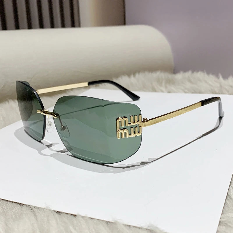Miu Miu 54YS Rimless Shield Sunglasses Gold Metal Frame Dark Grey CAT.3 UV400 Luxury Fashion Shades for Men Women Made In Italy